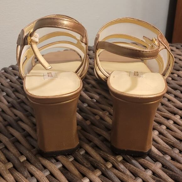 Ann Marino Bronze Nude Clear Mesh Strappy Sandal 6.5 Block Heel Quietlux Coastal - Picture 4 of 9